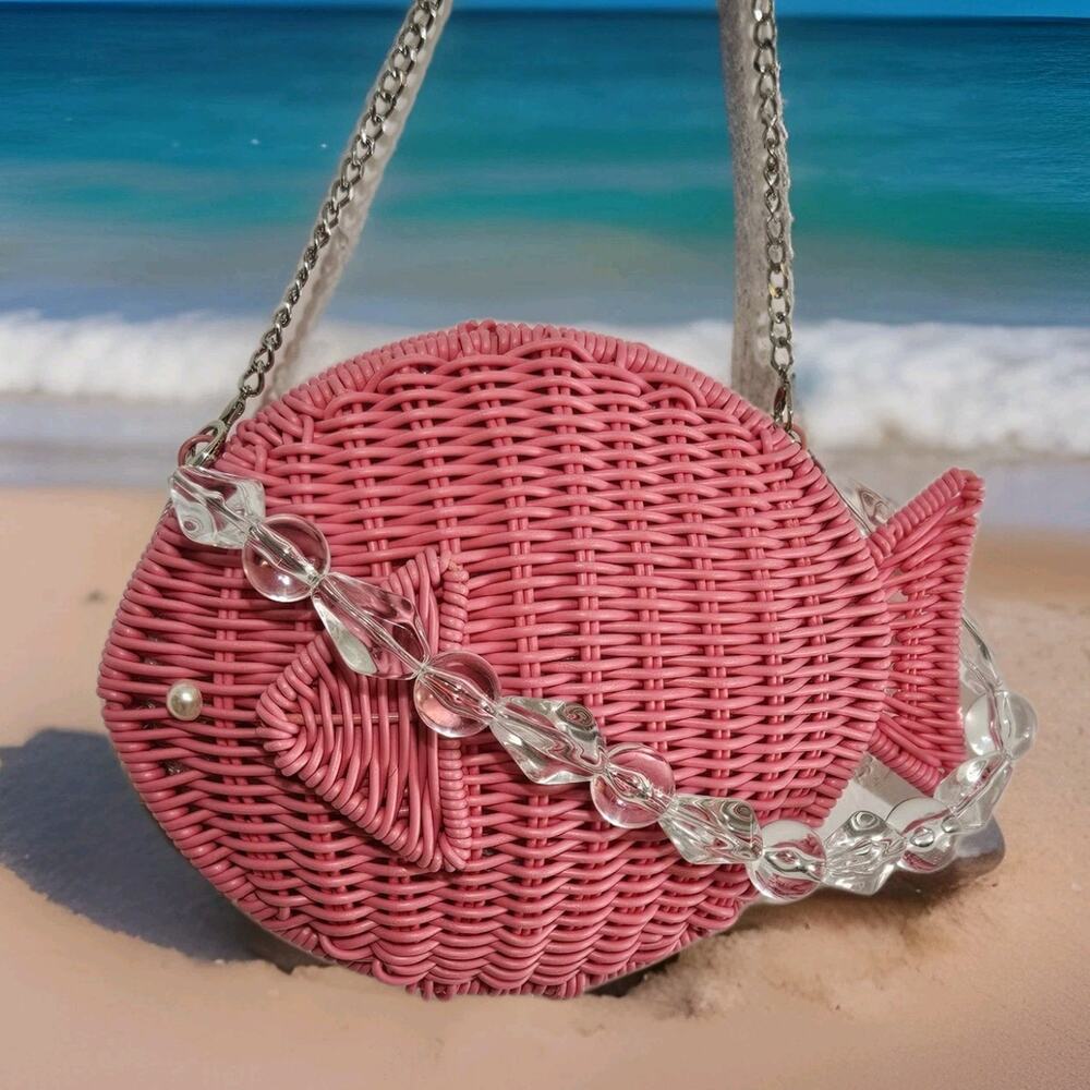 NWT Tommy Bahama Pink Wicker Fish Purse Straw Handbag Beach Bag Novelty Tropical